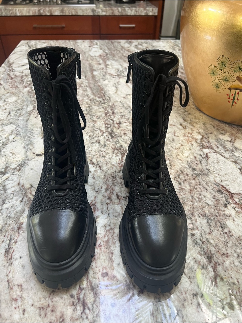 Stuart Weitzman Black Mesh Lace-Up Combat Boots